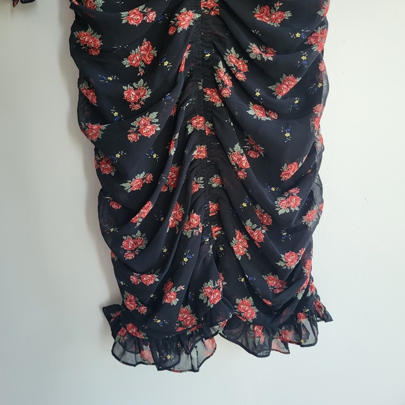 Zara Black Floral Plunge Neck Ruched Dress Size XL NWT - Picture 7 of 14